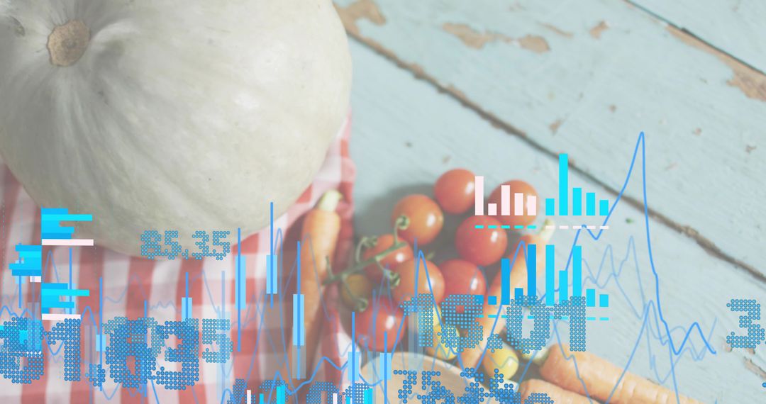 Displaying white pumpkin, cherry tomatoes and carrots on gingham with blue data overlay