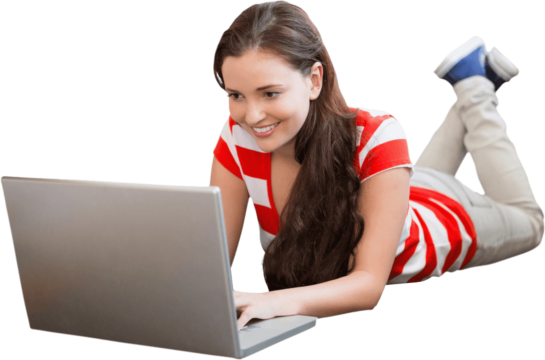 Smiling Woman Lying with Laptop on Transparent Background