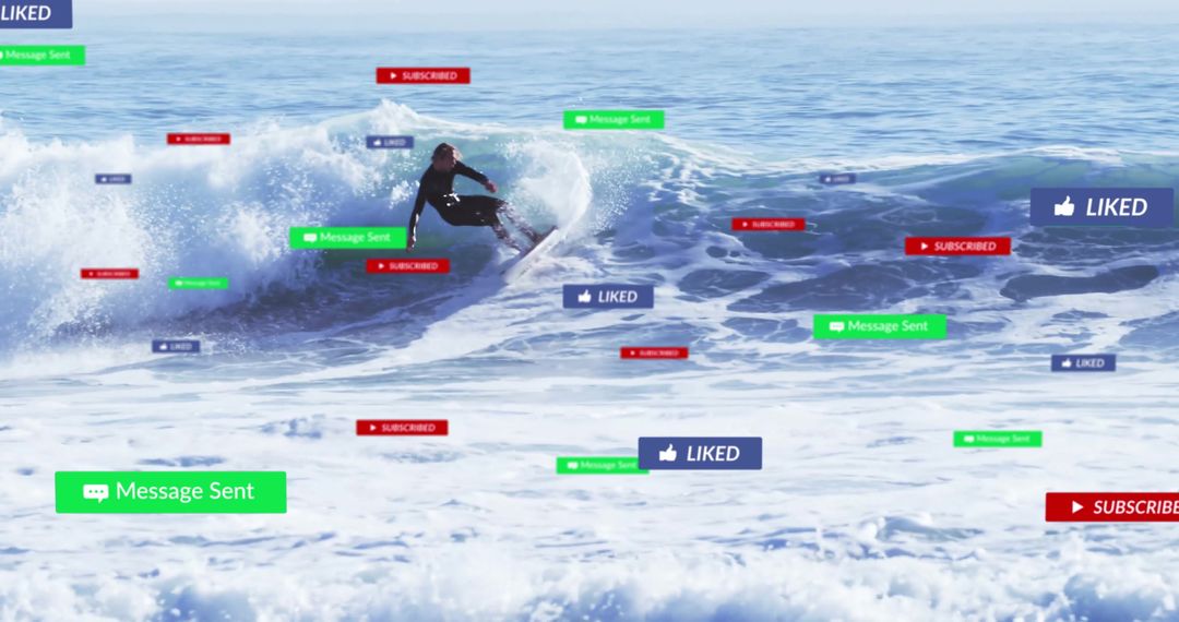 Surfer Embracing Waves with Social Media Icons Around