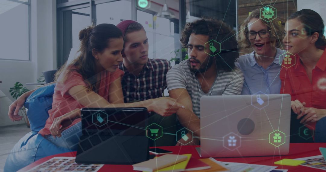 Diverse Team Collaborating on Digital Media Strategies in Modern Office