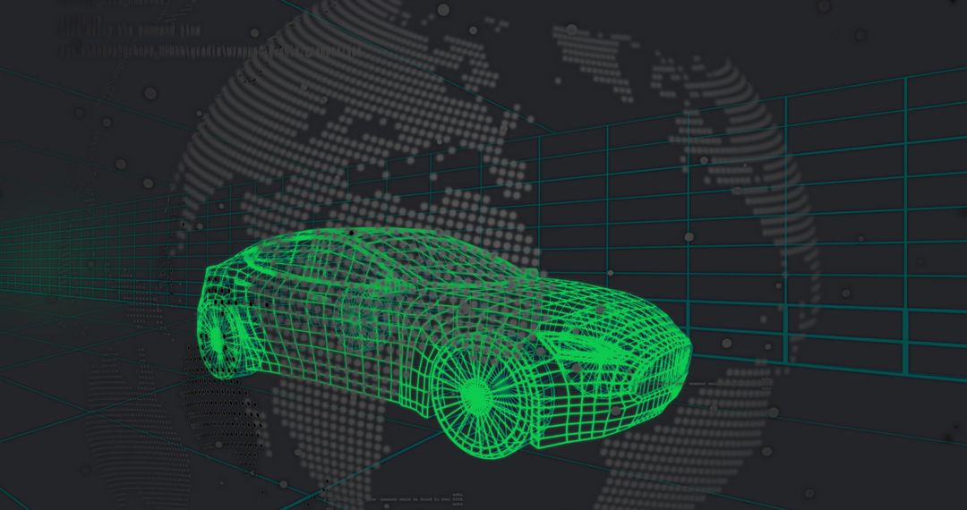 Futuristic Wireframe Car in Virtual Space with Globe and Grid