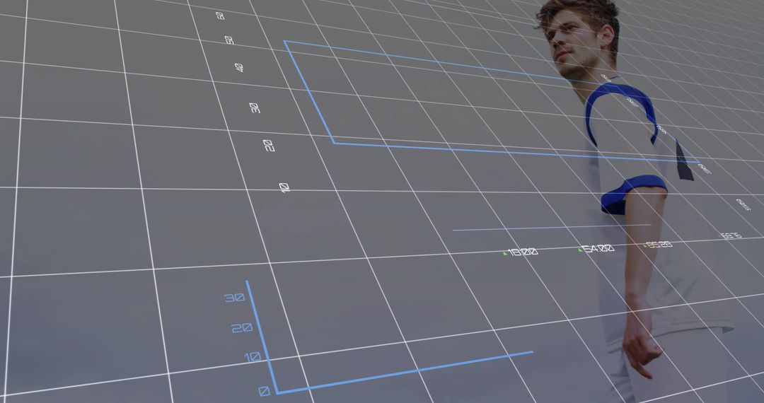 Young man standing in futuristic 3D grid projection wearing white T-shirt with blue trim