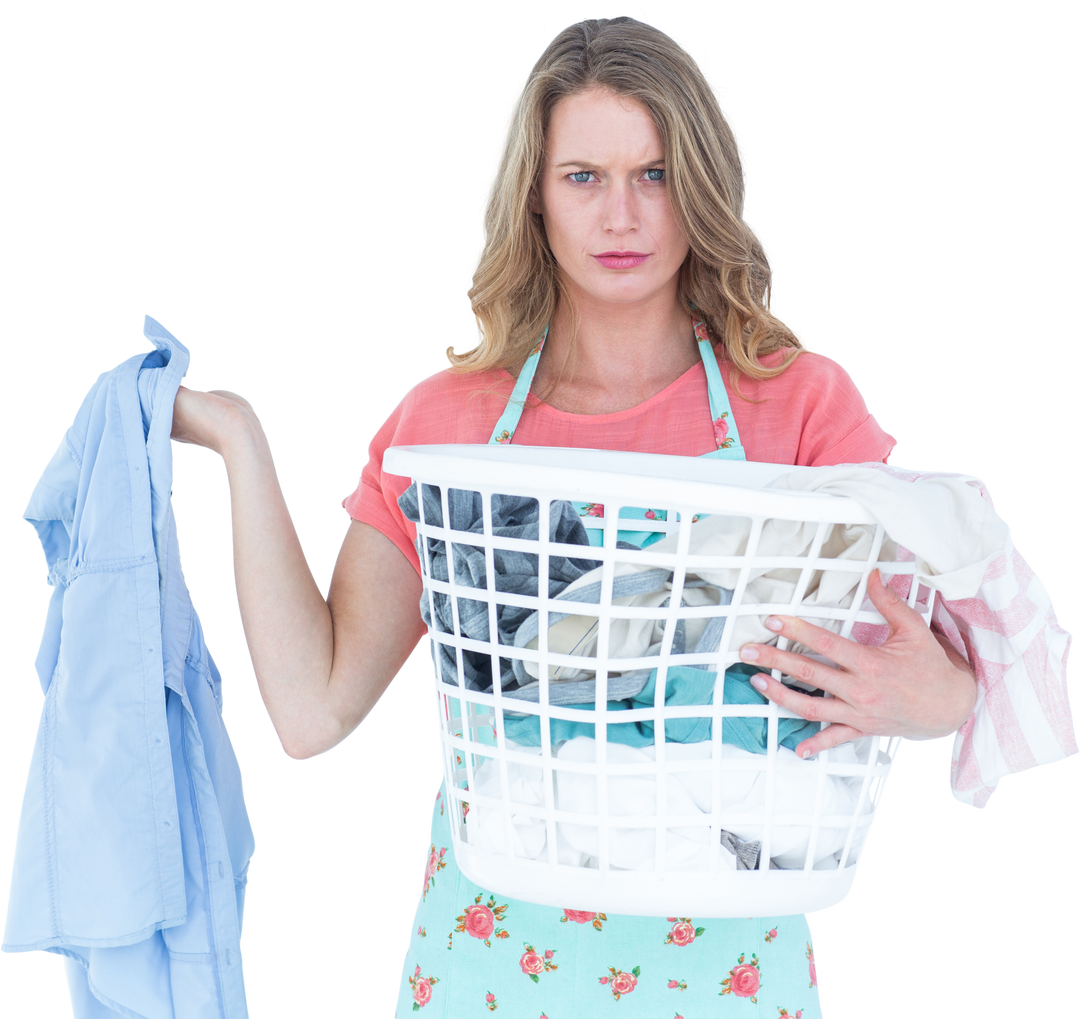 Transparent background woman holding dirty laundry with serious expression - Download Free Stock Images Pikwizard.com