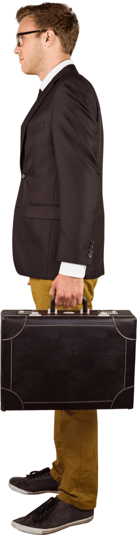 Young Geeky Businessman Holding Transparent Briefcase in Profile