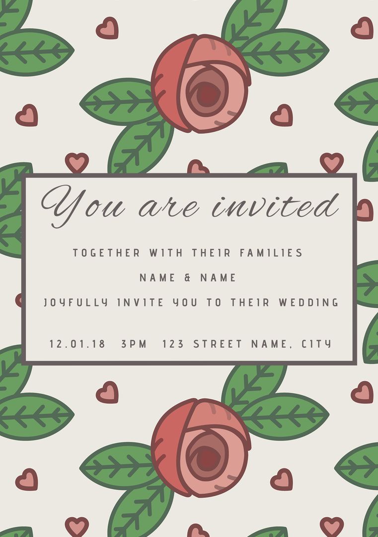 Whimsical Floral Wedding Invitation with Heart Accents - Download Free Stock Templates Pikwizard.com