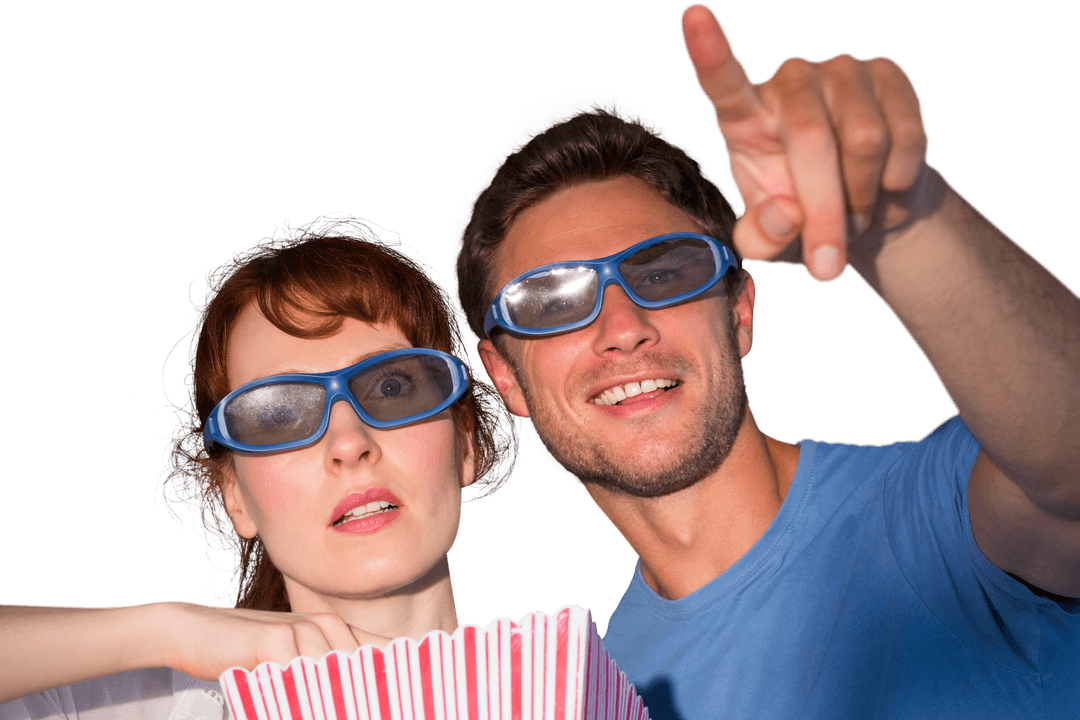 Caucasian Couple Wearing 3D Glasses Pointing on Transparent Background