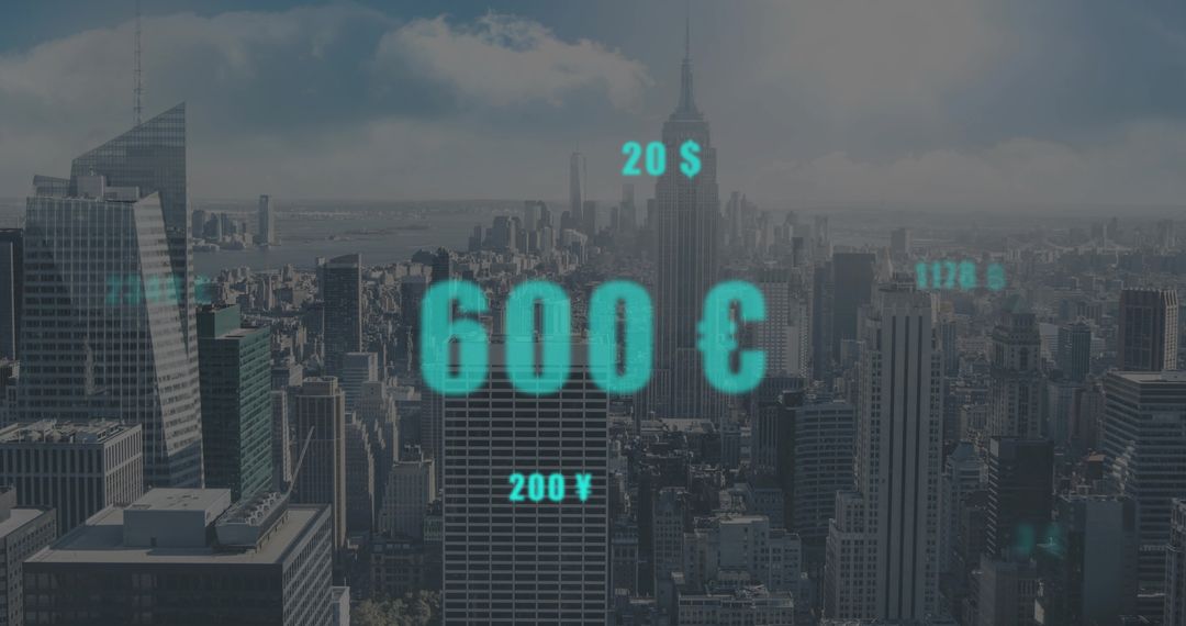 Futuristic city finance overlay showing floating 600 € dataviz above city skyline