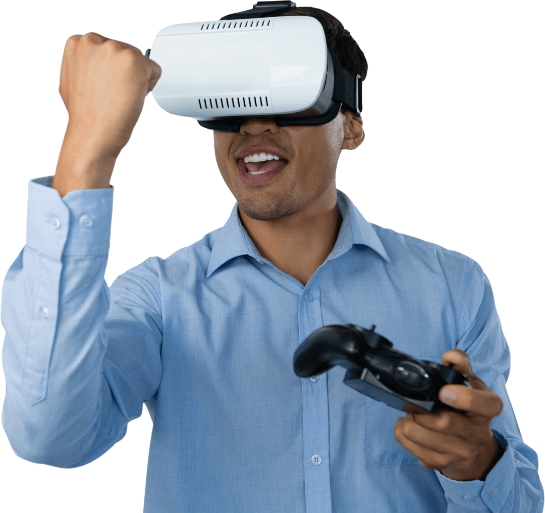 Joyful Businessman Playing with VR Glasses Holding Game Controller Transparent