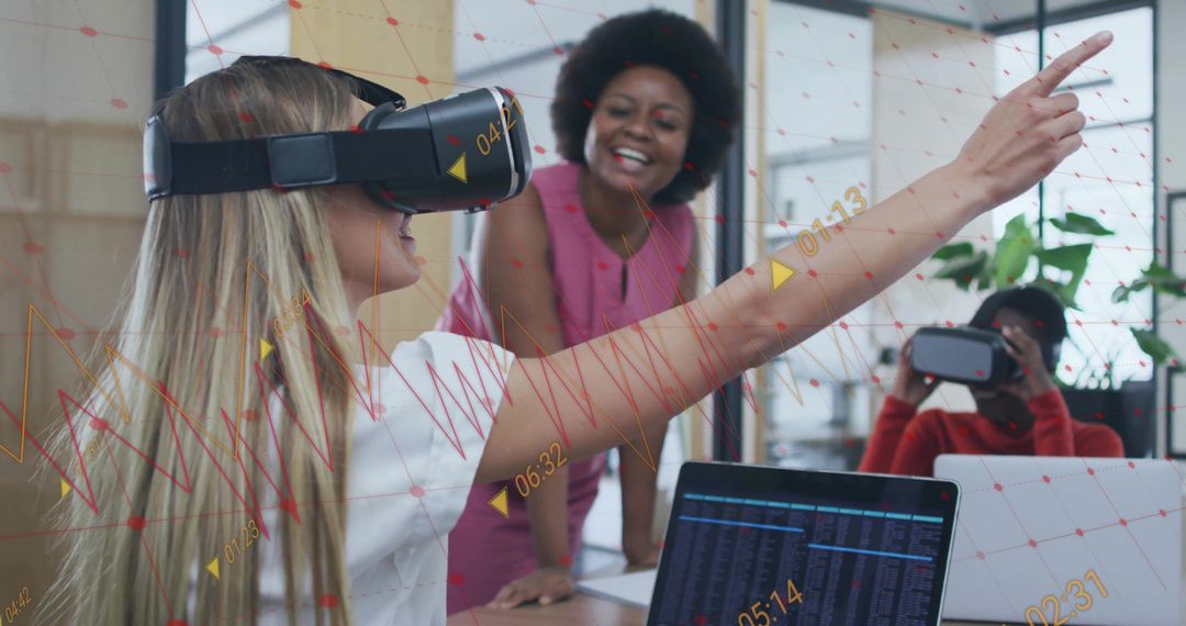 Colleagues Exploring Data Through Virtual Reality in Modern Office