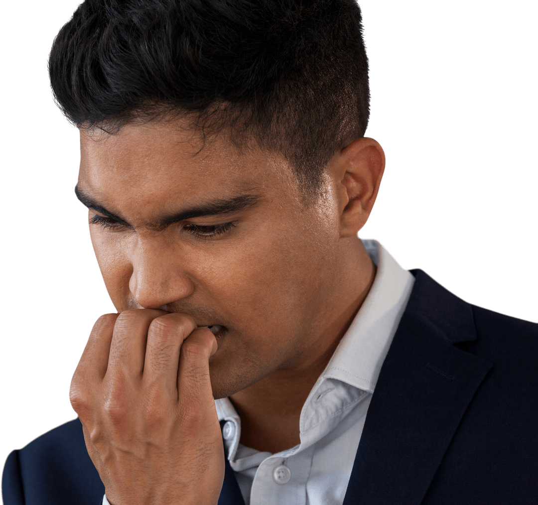 Worried Businessman Biting Nails on Transparent Background