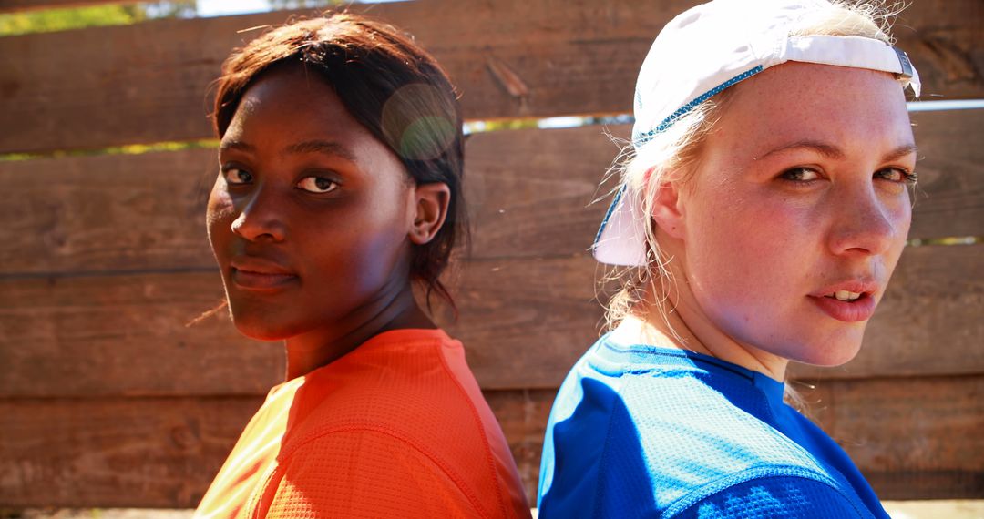 Two Female Athletes Standing Back to Back Showing Sports Team Aspiration - Free Images, Stock Photos and Pictures on Pikwizard.com