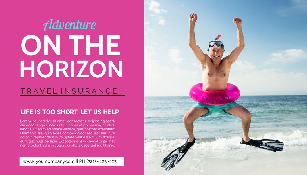 Exuberant senior promotes travel insurance