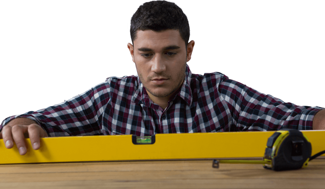 Caucasian Construction Worker Using Level on Transparent Background