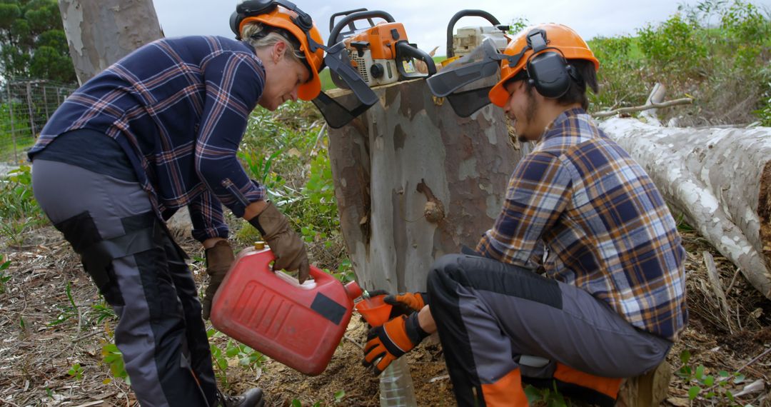 Chainsaw Maintenance in Forest with Workers Filling Fuel Tanks - Free Images, Stock Photos and Pictures on Pikwizard.com