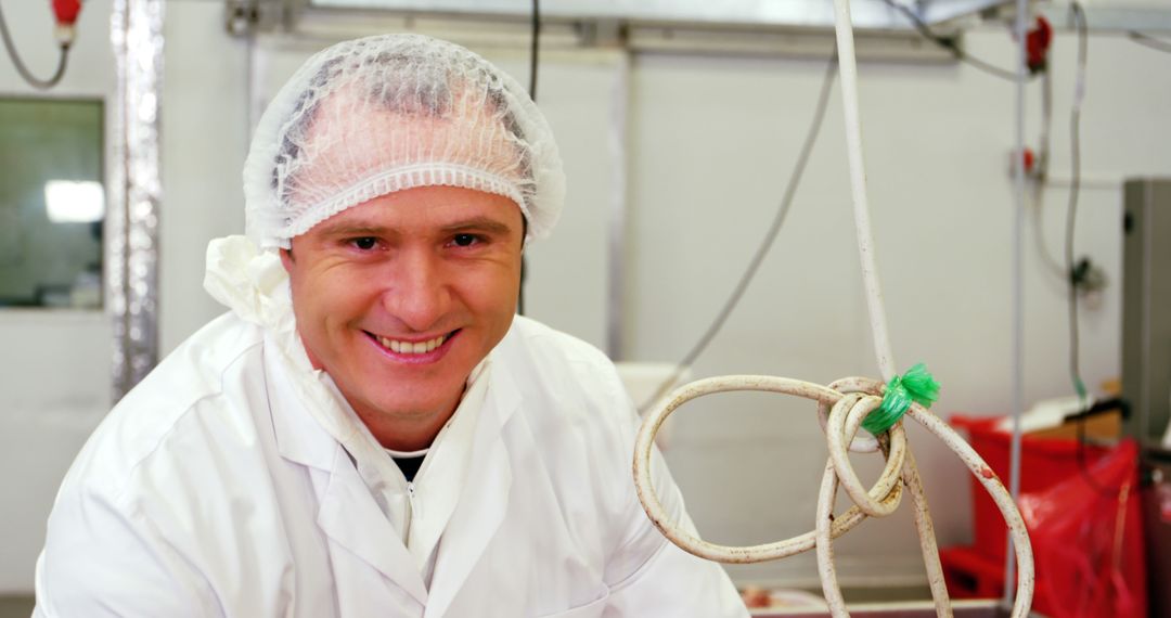 Smiling Meat Factory Worker in Protective Suit - Free Images, Stock Photos and Pictures on Pikwizard.com