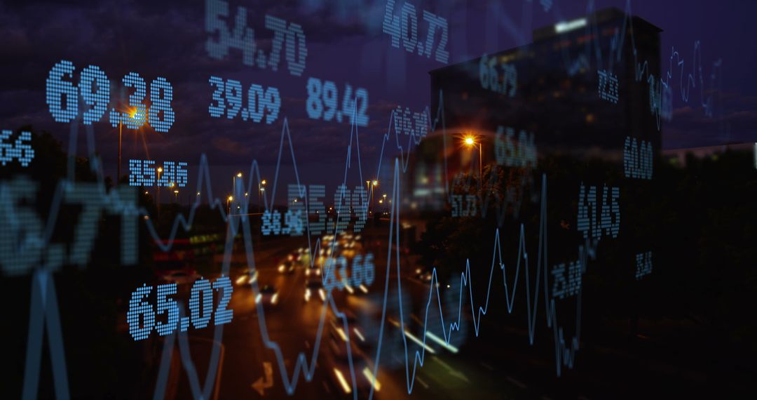 Financial Data Overlaying Cityscape At Dusk