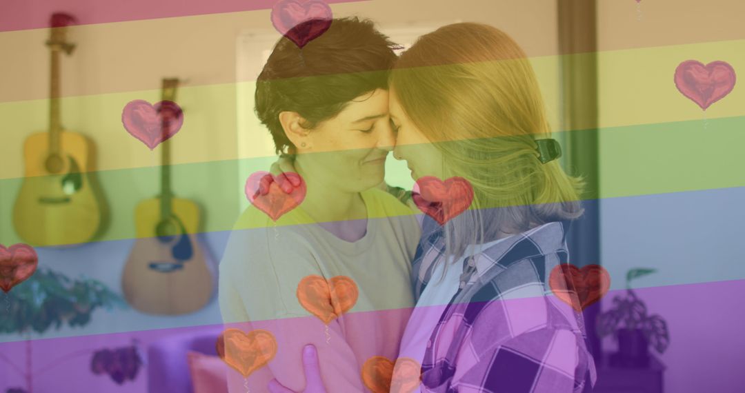 Lesbian Couple Embracing with Rainbow and Heart Overlay