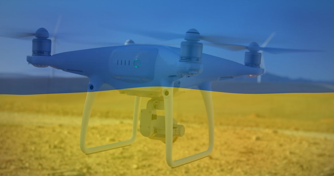 Drone Against Ukrainian Flag Symbolizing Modern Technology in Crisis