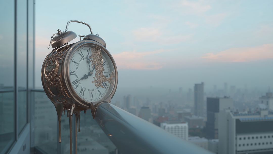 Melting Vintage Twinbell Alarm Clock Overlooking Cityscape