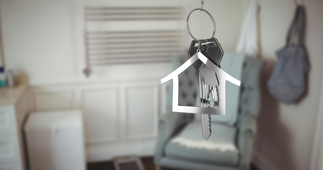 Silver House Key with Key Ring Over Home Interior Concept