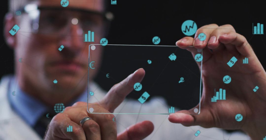 Scientist in Lab Coats Interacts with Futuristic Virtual Interface