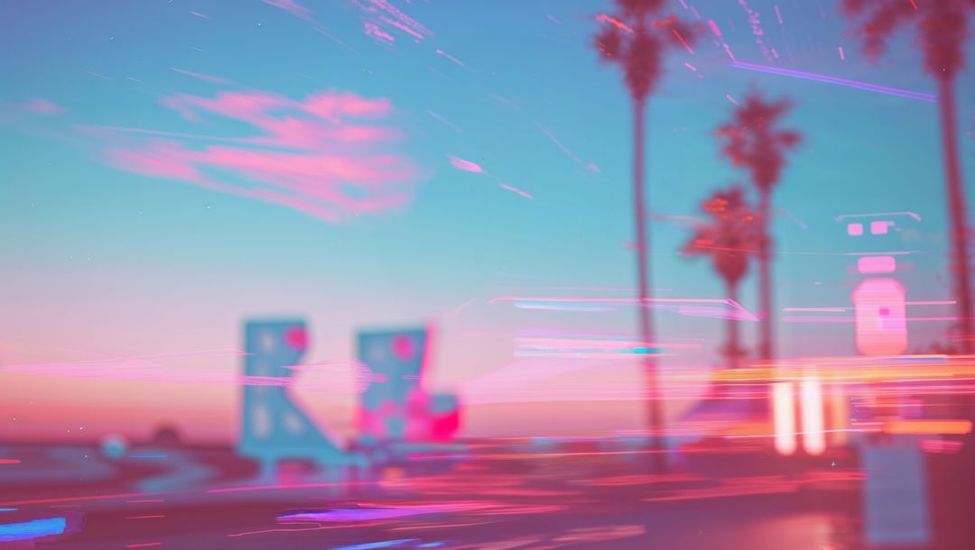 Neon Glitch Seaside Sunset with Palm Trees and Lounge Chairs