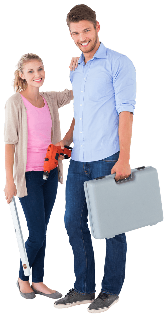Couple Utilizing DIY Tools Displaying Team Effort on Transparent Background