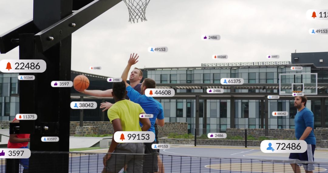 Diverse Basketball Players with Digital Data Indicators