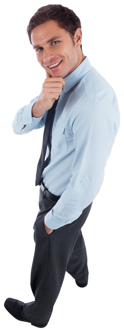 Transparent Smiling Businessman with Hand on Chin Looking Up