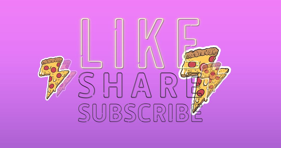 Neon Like Share Subscribe with Pizza Icons on Purple Background