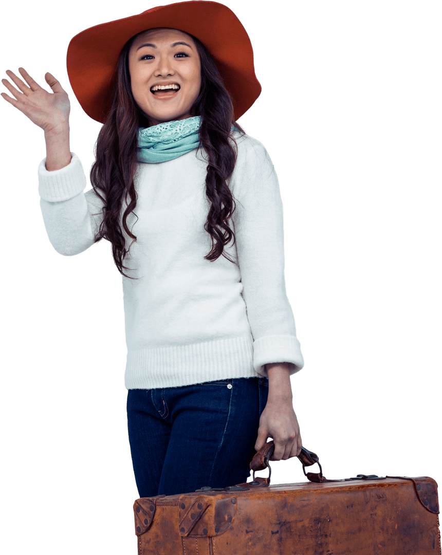 Smiling Woman Waving with Vintage Luggage Transparent Background