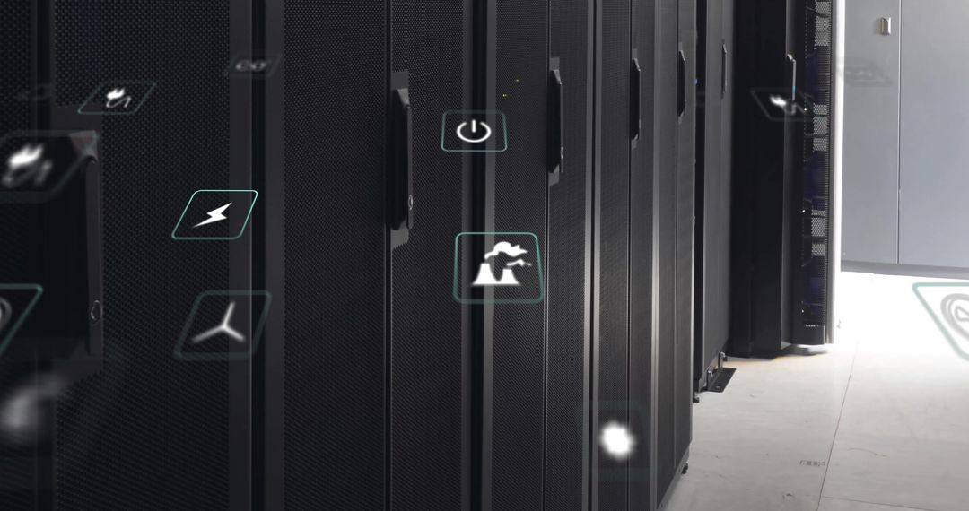 Eco Icons Overlay on Modern Servers Illustrating Digital Data Processing