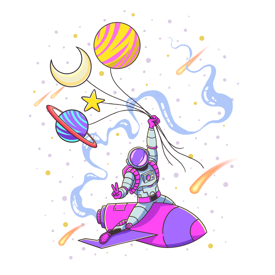 Astronaut Riding Rocket with Celestial Balloons on Transparent Background