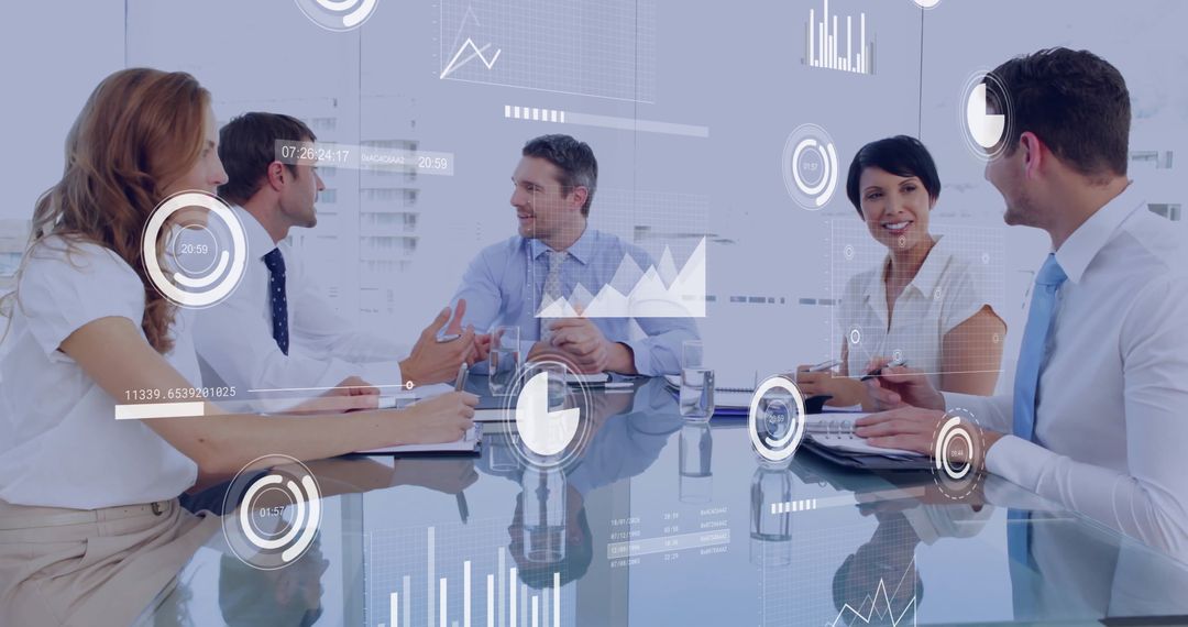 Diverse Team Discussing Financial Data Analysis with Digital Graphics