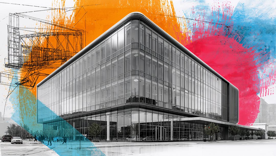 Blending modern glass office building with bold color overlays and architectural sketches
