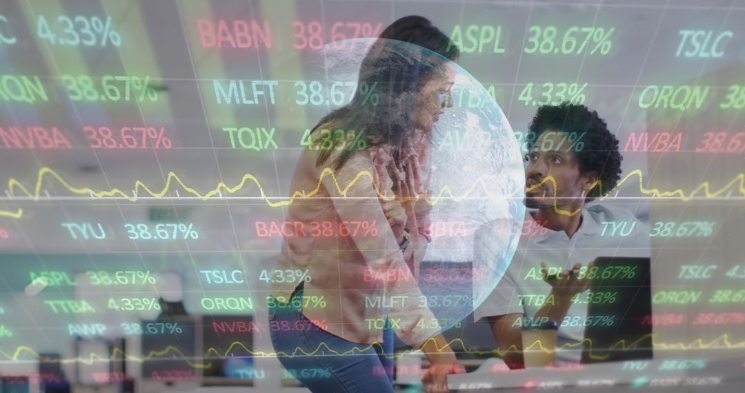 Businesspeople Analyzing Financial Data with Overlayed Stock Graphs