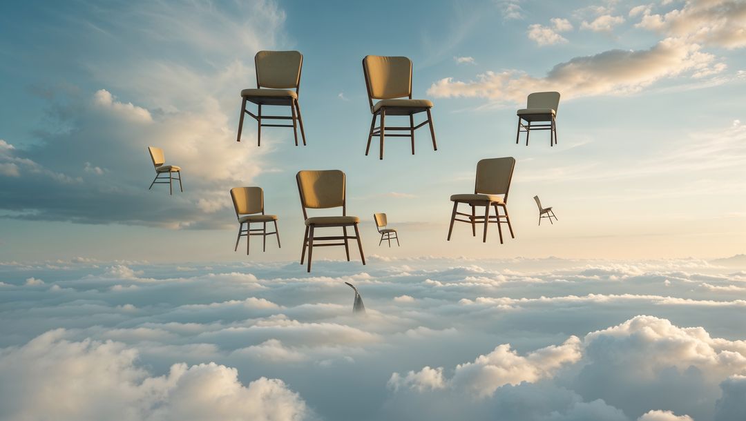 Surreal Floating Chairs Above Dreamy Dawn Clouds