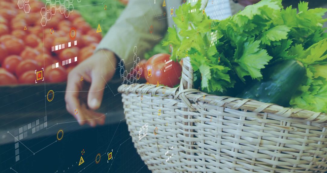 Shopper Selecting Fresh Vegetables in Basket at Market Stall