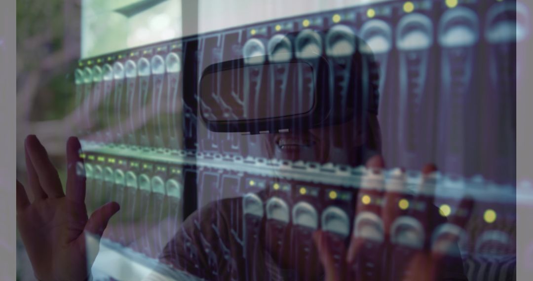 Woman Using VR Headset with Server Room Overlay
