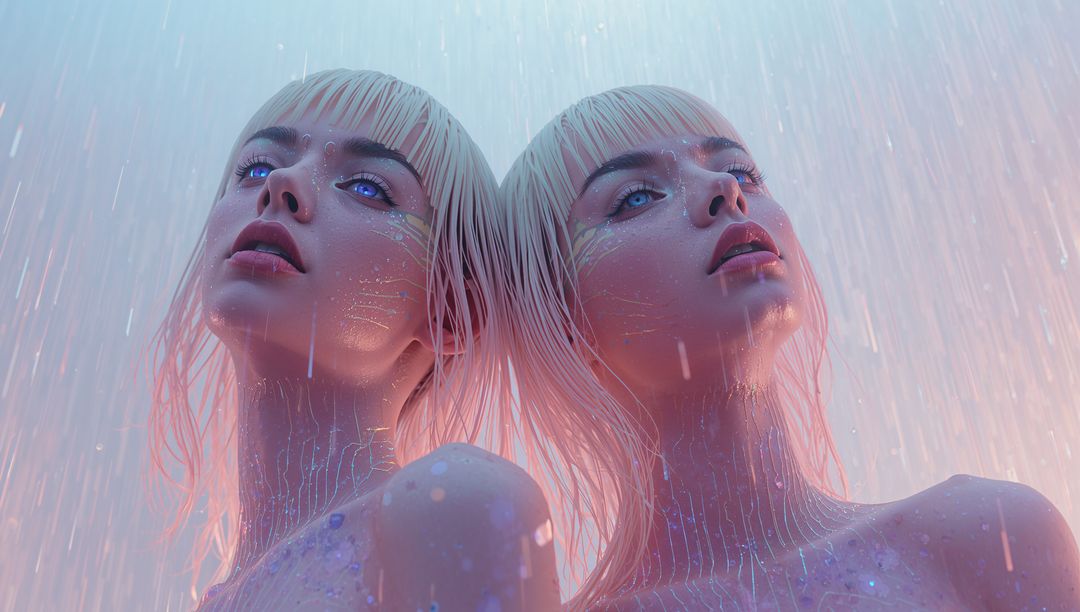 Futuristic Twin Figures in Neon Cybernetic Rain