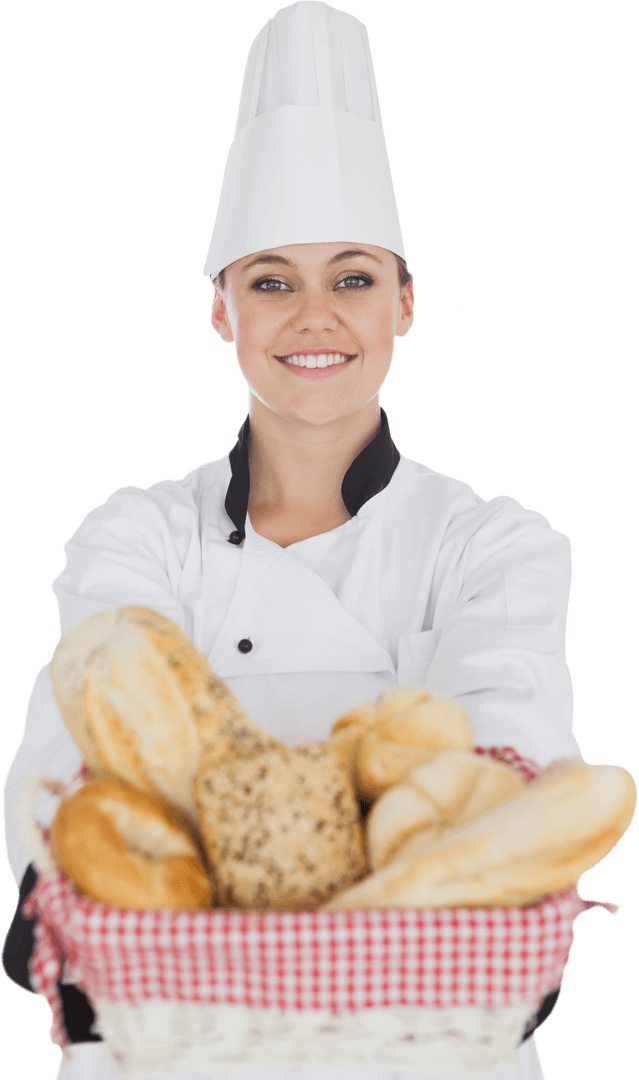 Smiling Chef Holding Bread Basket Transparent Background