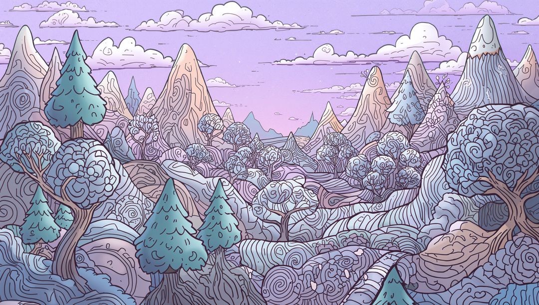 Whimsical Pastel Valley with Fantasy Peaks and Trees