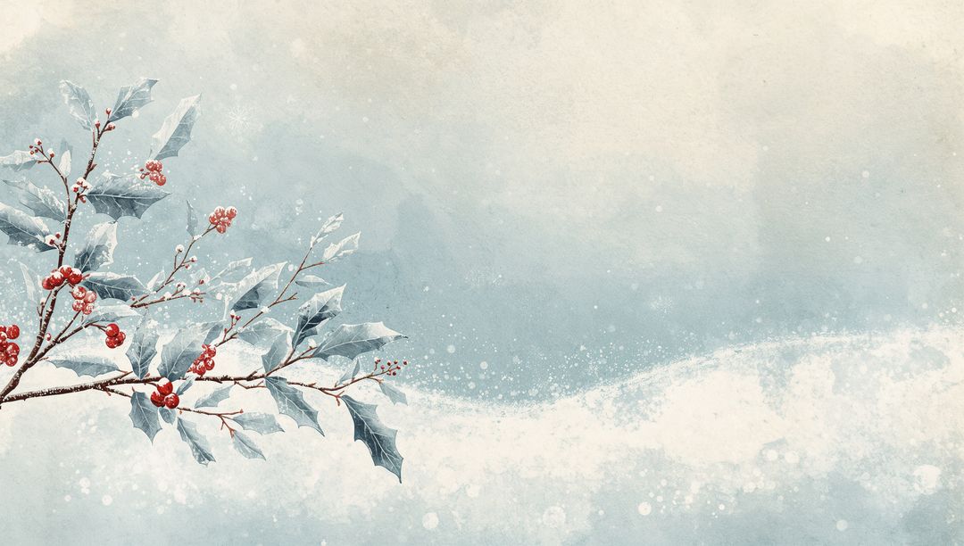 Frosted holly branch showing red berries on watercolor background with snow and copy space