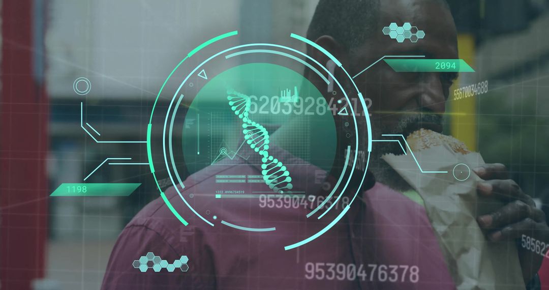 Digital DNA Interface Scanning Man Eating in Urban Setting