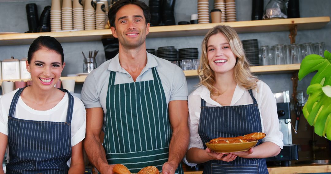 Smiling Cafe Team Holding Fresh Breads and Pastries - Free Images, Stock Photos and Pictures on Pikwizard.com