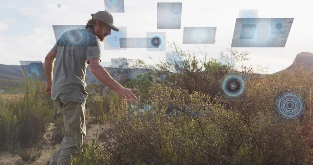 Futuristic Environmental Exploration in Desert with Digital Interfaces