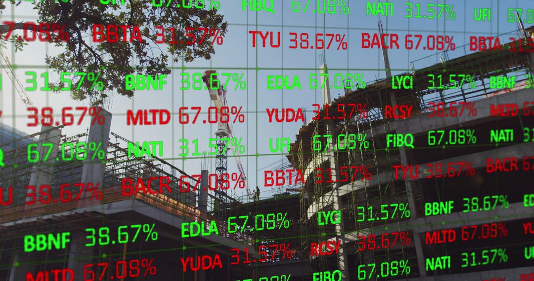 Financial Data Displayed Over Active Construction Site