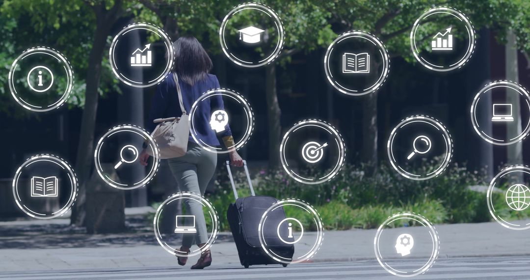 Businesswoman Traveling with Icons of Education and Business