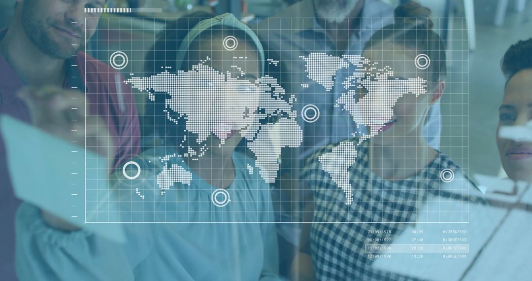 Team Analyzing World Map Data on Transparent Touchscreen