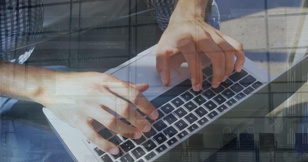 Caucasian Businessman Typing on Laptop with Digital Overlay